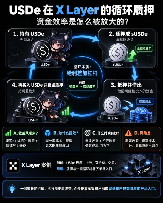 A Chinese infographic explains “USDe在XLayer的循环质押,” showing a four-step cycle involving USDe, sUSDe, staking, borrowing, and reinvestment, along with yield and risk notes.