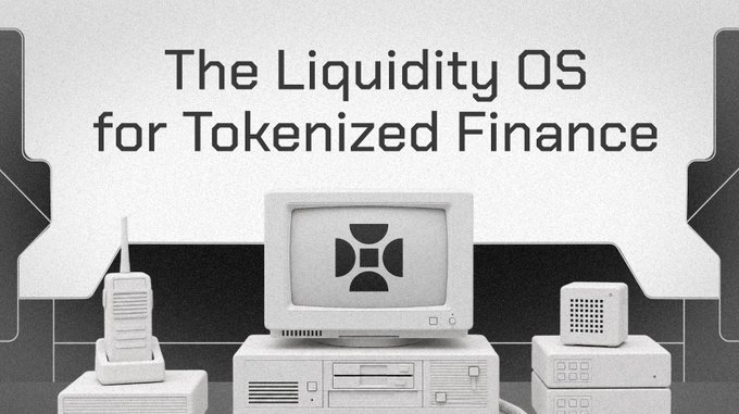A black and white promotional image for 'The Liquidity OS for Tokenized Finance' featuring vintage tech like an old computer monitor and cordless phone.