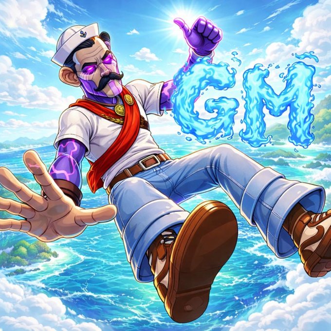 A stylized sailor character with glowing purple skin, lightning markings, and a sailor hat poses dynamically above ocean waves, conjuring the letters 'GM' from water.