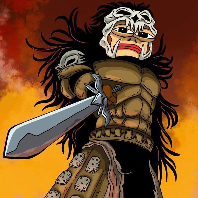 A stylized digital illustration of a warrior character wearing a white skull-like mask and armor, wielding a large broadsword with a shoulder skull pauldron, set against a fiery red and orange background.