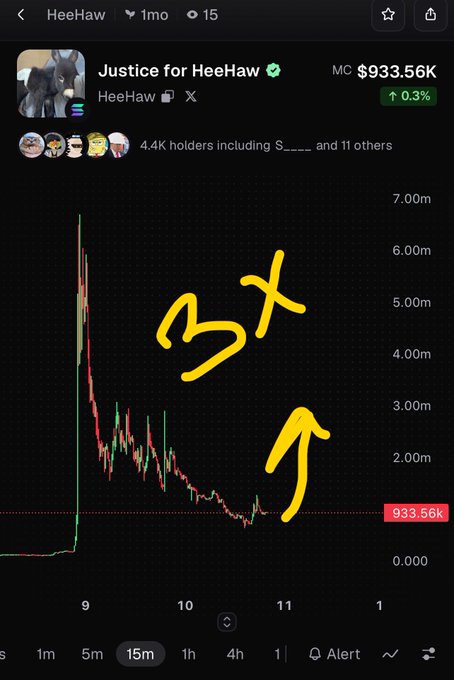 A cryptocurrency chart for the token "Justice for HeeHaw" on the 15m timeframe shows a market cap of $933.56K with hand-drawn yellow text reading "BT" and an arrow pointing upward.