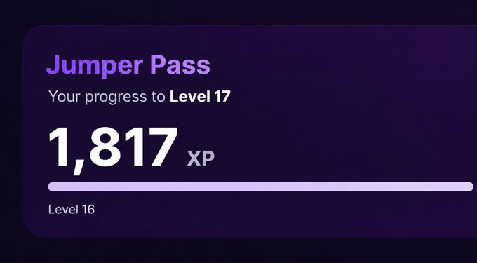 A dark purple progress card titled 'Jumper Pass' showing 'Your progress to Level 17' with 1,817 XP earned, displaying a nearly full progress bar from Level 16.
