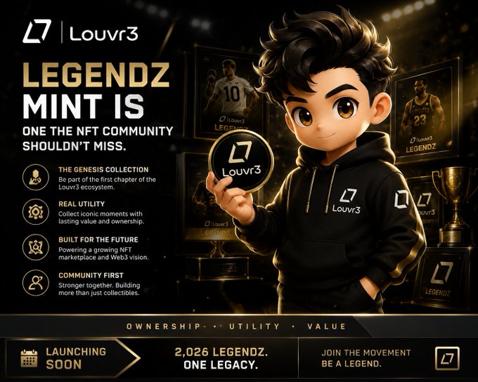 A promotional graphic for Louvr3's "Legendz Mint" NFT collection features a chibi-style character holding a Louvr3-branded coin, alongside text highlighting the Genesis Collection, real utility, and community-first ethos, with details including "2,026 LEGENDZ. ONE LEGACY." and a "Launching Soon" banner. The image visually reinforces the post's message by showcasing the character-driven brand identity and emphasizing the collection as a foundational, long-term legacy rather than short-term hype.