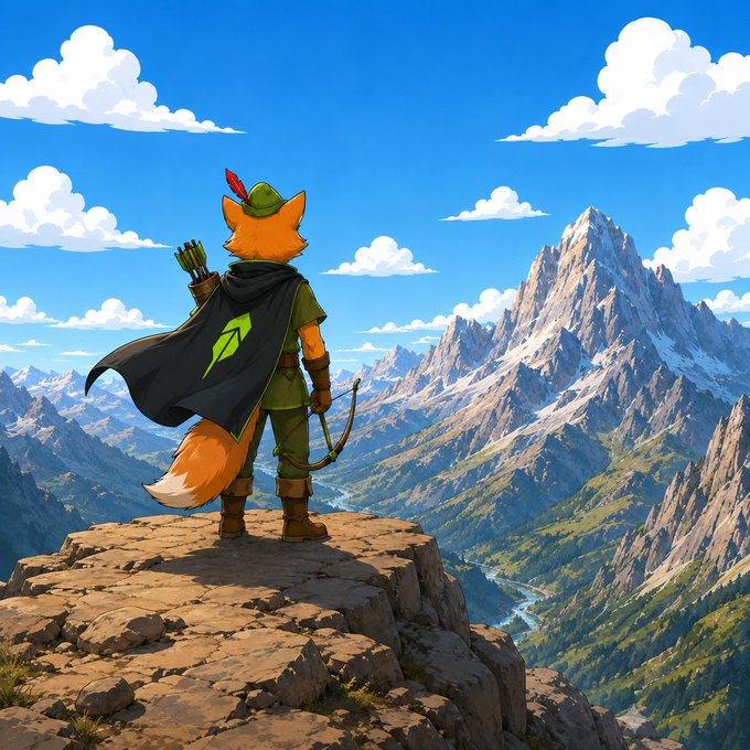 An anthropomorphic fox mascot wearing a green hat and a cloak with the "R" Robinhood logo stands on a cliff edge overlooking a vast mountain range, symbolizing the unexplored potential and expansive opportunity of Robinhood's emerging crypto ecosystem.