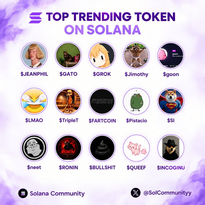 A graphic titled 'TOP TRENDING TOKEN ON SOLANA' by Solana Community, displaying 15 circular meme token icons including $JEANPHIL, $GATO, $GROK, $Jimothy, $LMAO, $FARTCOIN, $BULLSHIT, and others.