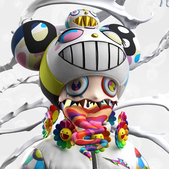 A colorful, surreal 3D illustration of a figure wearing an oversized elaborate helmet with polka dots, multiple eyes, and a wide grin, surrounded by flower accessories.