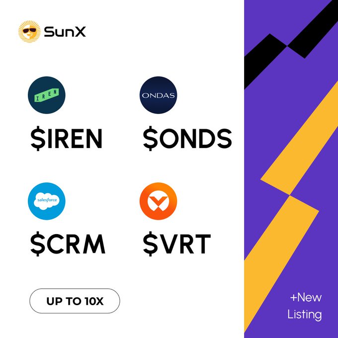 The image features four logos for companies named $IREN, $ONDAS, $SIREN, and $SCRM. The text above the logos reads "Up to 10x", which suggests that these companies are up for sale or have been listed recently. The background of the image is purple with yellow lines, creating a striking contrast against the white text.