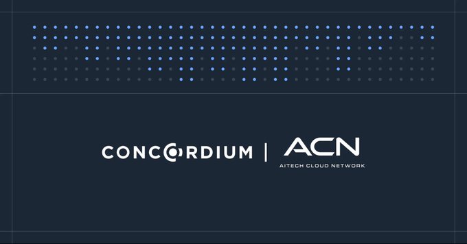 A dark blue graphic displays the logos for 'CONCORDIUM' and 'ACN AITECH CLOUD NETWORK' beneath a stylized wave pattern of illuminated dots.