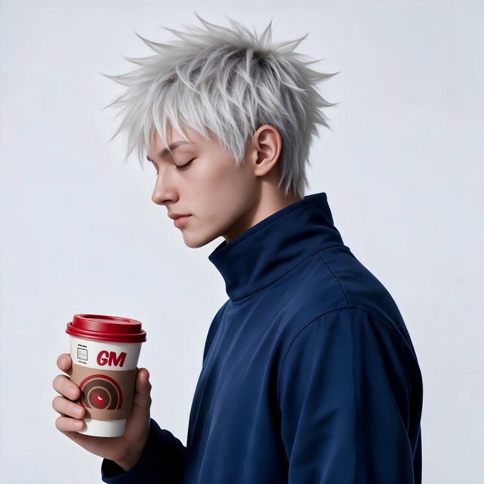 A profile shot of a young man with spiky silver-white hair wearing a navy blue jacket, holding a takeaway coffee cup labeled "GM" with eyes closed.