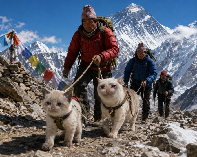 Two anthropomorphic cats wearing climbing harnesses are being led by mountaineers on a snowy mountain trail, with colorful prayer flags and a towering, snow-capped peak in the background.