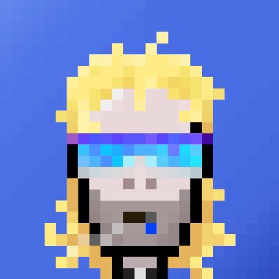 A pixel art illustration of a blonde character wearing blue VR goggles and a headset against a blue background.