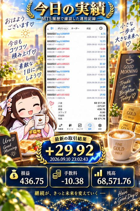 A Japanese promotional poster with anime girl illustration shows "MT5" trading results dated 2026.09.10 with a profit of +29.92 and total assets of 68,571.76.