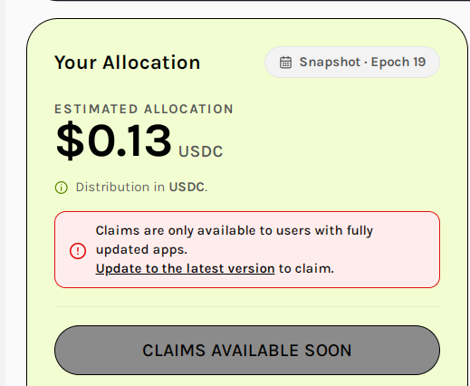 The image shows a "Your Allocation" dashboard for Grass (Epoch 19), displaying an estimated allocation of $0.13 USDC with a warning that claims require an updated app version, and a disabled "Claims Available Soon" button—corresponding to the user's inquiry about checking their second Grass airdrop on app.grass.io/dashboard/allocations.