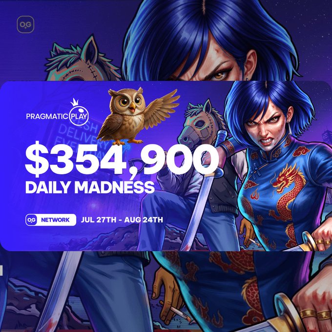 Promotional graphic for Pragmatic Play's '$354,900 Daily Madness' tournament featuring anime-style warriors, an owl mascot, and dates 'JUL 27TH - AUG 24TH' on a purple background.