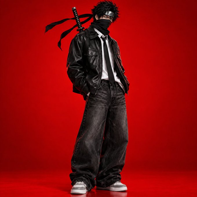 A cosplayer dressed as a ninja stands against a red background, wearing a black leather jacket, white shirt, tie, baggy jeans, sneakers, a headband, and a face mask with a katana strapped to their back.