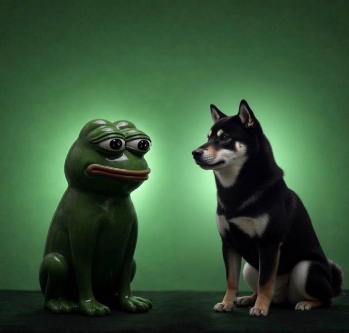 A photograph showing a glossy green frog figurine sitting face-to-face with a black and tan Shiba Inu dog against a green background.