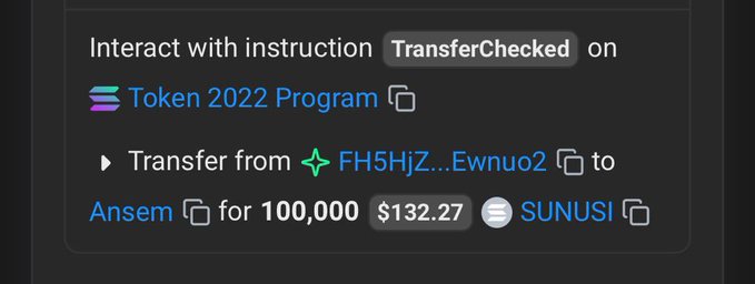 A Solana blockchain transaction confirmation showing a transfer of 100,000 $SUNUSI tokens (valued at $132.27) via the Token 2022 Program from wallet FH5HjZ...Ewnuo2 to "Ansem," visually verifying the tip mentioned in the accompanying appreciation post directed at @blknoiz06.