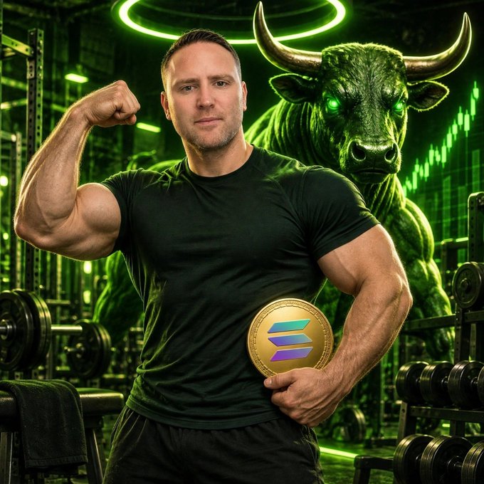 A muscular man flexes his bicep while holding a gold Solana ($SOL) coin in a green-lit gym setting, with a glowing-eyed bull looming behind him—symbolizing strength and bullish momentum for the Solana community.
