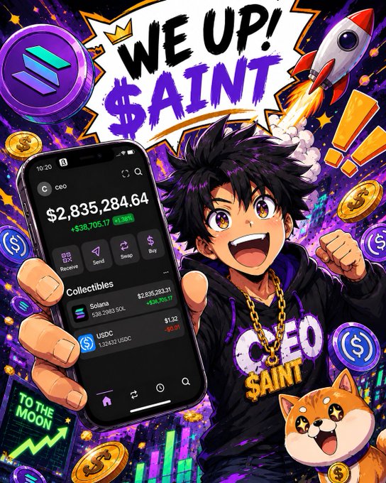An anime-style graphic shows an excited character holding a phone displaying a wallet balance of $2,835,284.64 with $SOL and $USDC holdings, alongside "WE UP! $AINT" text and a rocket, promoting a Solana airdrop giveaway to the first 3000 active engagers.