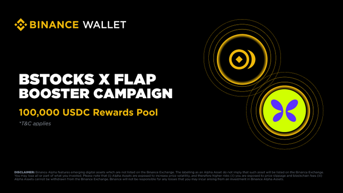 A Binance Wallet promotional banner announces the "bStocks x Flap Booster Campaign," featuring a 100,000 USDC rewards pool, with yellow and green circular graphics displaying the Bitcoin and Flap logos against a black background. The image visually reinforces the campaign details described in the accompanying post, highlighting the limited-time nature and specific eligibility requirements for Binance Alpha users.
