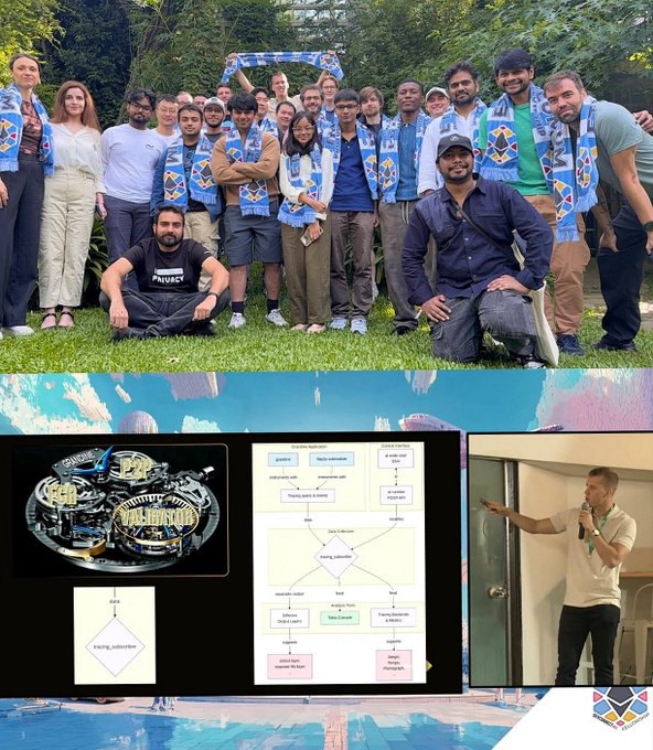 A collage of three photos: the top shows a large group of people wearing matching blue and white patterned scarves outdoors; the bottom left shows a slide with NBA team logos; the bottom right shows a man giving a presentation with technical diagrams displayed on a screen.