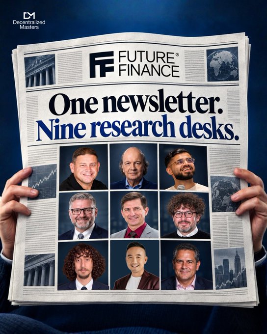 Hands hold up a mock-up of a "FUTURE FINANCE" newspaper featuring the headline "One newsletter. Nine research desks." above a grid of nine headshots of male analysts, with the "Decentralized Masters" logo in the top left corner.