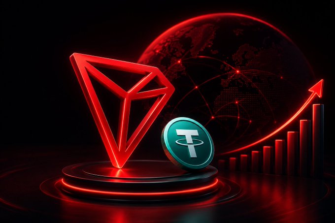 A glowing red TRON logo and teal USDT (Tether) coin sit on a neon-lit pedestal in front of a dark globe, with an upward-trending red bar chart and rising arrow symbolizing TRON's growing stablecoin dominance, particularly its $2 billion July growth and ~$91.8 billion supply led by 97.9% USDT.