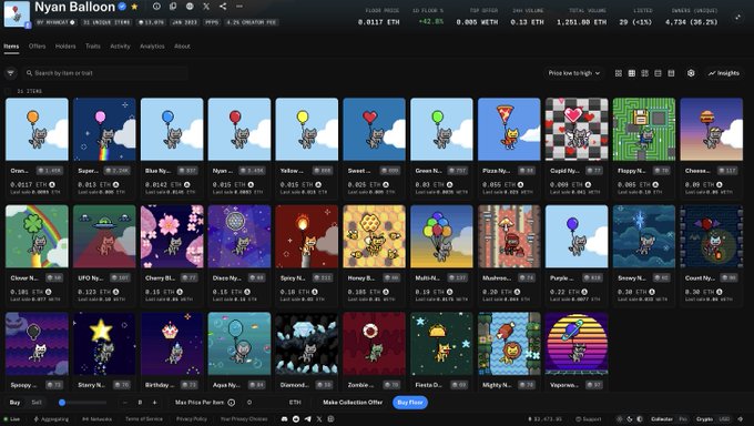 A screenshot of the OpenSea NFT marketplace displays the 'Nyan Balloon' collection by Helder da Rocha Goncalves, showing various balloon-themed pixel art NFTs with their floor prices.