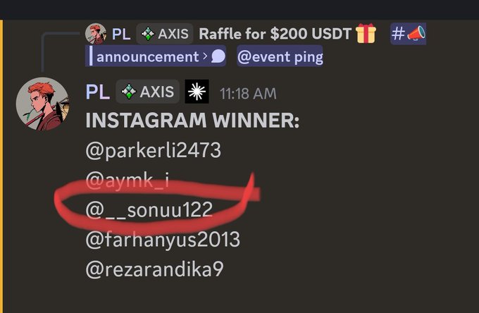 A Discord screenshot from 'PL ❖ AXIS' announces Instagram raffle winners for a $200 USDT giveaway, with the winner '@__sonuu122' circled in red.