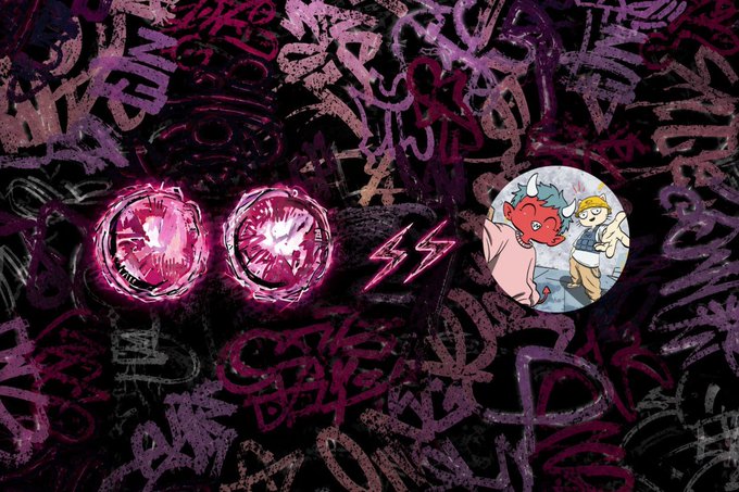 A chaotic graffiti-covered wall displays two glowing pink circular portals emitting pink energy, a pair of pink lightning bolts in the center, and a small cartoon window showing a red dragon and a winged character.
