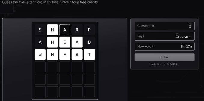 The image shows a Wordle-style puzzle game called "Derple" on derp.works, where the player has revealed letters H, R, P, S in the first row, H, E, A, D in the second row, and W, H, E, A, T in the third row, with the message "Solved. +5 credits" displayed alongside stats showing 3 guesses left and 5 credits earned.