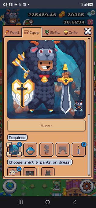 A mobile game screenshot displays a pixel-art character interface featuring a character in a black dragon costume holding a shield and sword, with 'Feed', 'Equip', 'Skills', and 'Info' tabs visible at the top.