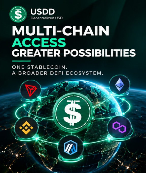 Promotional graphic for USDD Decentralized USD stablecoin featuring the tagline 'MULTI-CHAIN ACCESS GREATER POSSIBILITIES' with logos of various blockchain networks displayed around a globe.