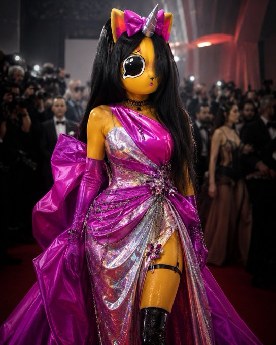 The image features a woman dressed in an elaborate costume, possibly resembling a unicorn or a princess from a fairytale. She stands out against the background of a red carpet event with other people present around her. The photo captures the attention of several individuals who are taking pictures and recording videos of the scene.