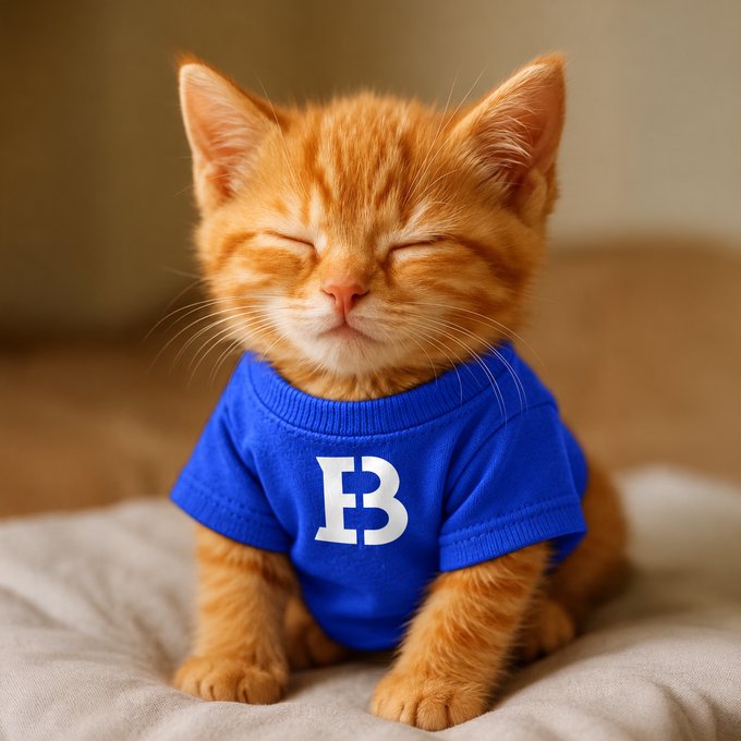 A cute orange kitten with eyes closed wears a bright blue shirt featuring a large white “B,” sitting on a soft blanket in warm light. The post connects the “B” to Biconomy and frames the sleepy kitty as a playful Halloween crypto greeting dreaming of “green candles” and pumpkin treats.