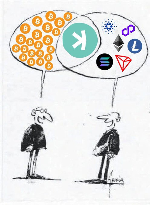 The cartoon depicts two men facing each other with thought bubbles above their heads—the left one thinking of Bitcoin (shown as orange "₿" logos) while the right one thinks of Kaspa alongside various other cryptocurrency logos (including ETH, SOL, ADA, DOT, TRX, etc.), visually illustrating the post's argument that Kaspa combines features found across many other cryptocurrencies into one.