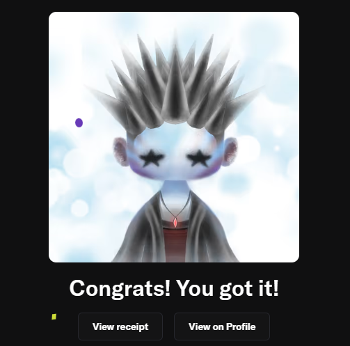 A digital artwork or avatar of a character with spiky white hair and star-shaped eyes on a blue, bubbly background, displayed with the text 'Congrats! You got it!' and buttons for 'View receipt' and 'View on Profile'.