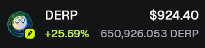 A cryptocurrency price display showing DERP at $924.40 with a +25.69% increase, with a circulating supply of 650,926.053 DERP tokens.