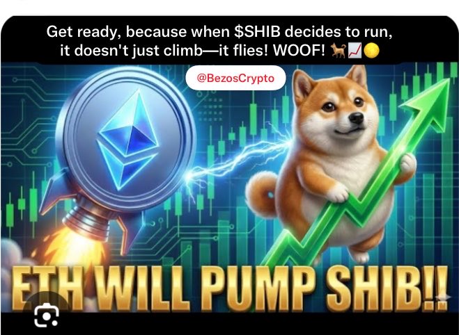 A cryptocurrency promotional graphic featuring an Ethereum rocket, a Shiba Inu dog riding a green upward arrow, and text reading "ETH WILL PUMP SHIB!!" with the handle @BezosCrypto and the caption "Get ready, because when $SHIB decides to run, it doesn't just climb—it flies!"