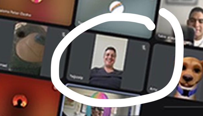 The image shows a Zoom-style video conference grid with multiple participants, including a person with a dog face filter and others whose cameras appear to be off, with one participant circled in white. The caption "I'll never forget it for the rest of my life" suggests a memorable or embarrassing moment during the call, likely tied to the circled participant or the use of the playful dog filter.