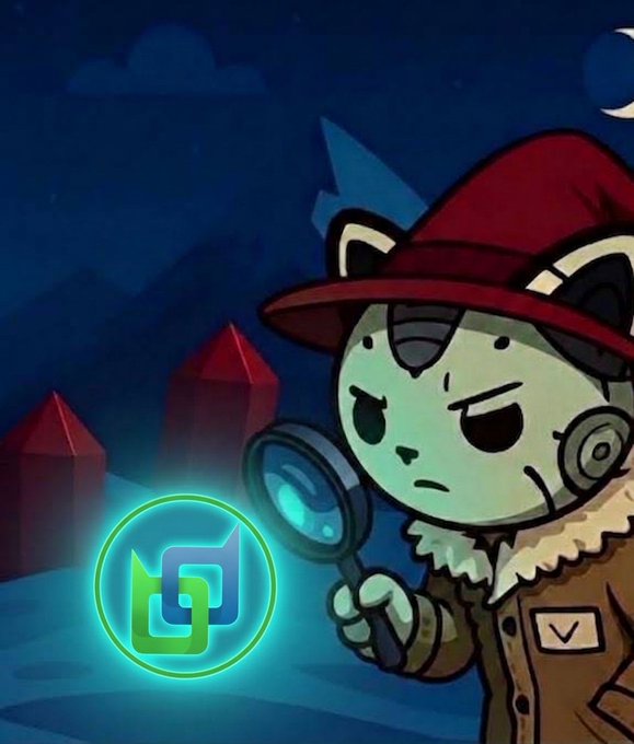 Digital illustration of a cartoon character wearing a red detective hat and brown coat holding a magnifying glass, with a glowing cyan and green interconnected cube logo in the foreground.