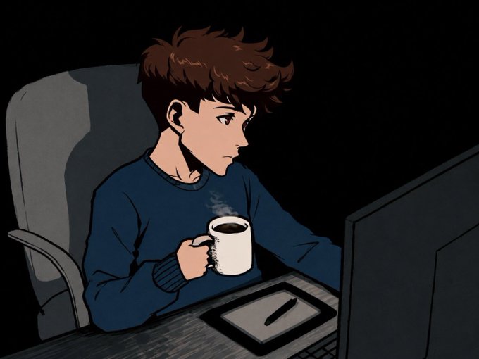 A digital illustration of a brown-haired young man in a blue sweater sitting at a desk, holding a steaming mug of coffee while looking at a computer screen, with a graphics tablet nearby.
