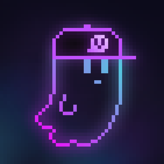 A pixel art illustration of a stylized face wearing a cap with a skull/pirate logo, rendered in purple, pink, and cyan tones on a dark background.