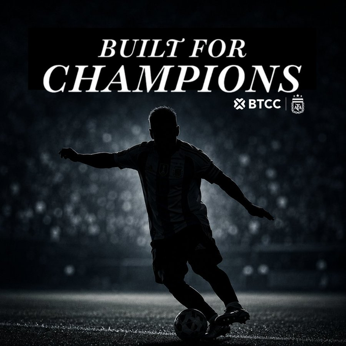 A silhouetted soccer player strikes a ball under stadium lights beneath the bold text "BUILT FOR CHAMPIONS," featuring the BTCC logo and AFA crest, tying into a World Cup 2026 prediction and trading promotion for BTCC's anniversary collaboration with the Argentine Football Association.