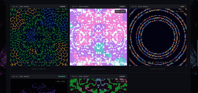 A dark interface displaying multiple colorful pixelated retro-style patterns and graphics with RUN 02 ECHO ECHOES labels and READOUT COMPLETE text.
