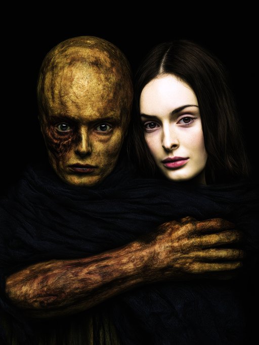 A dark, horror-themed portrait showing a bald, scarred humanoid figure wrapping its arms around a pale woman with long dark hair, set against a black background.