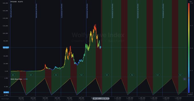 A TradingView chart of the "Wolfgang Wave Index" with the BTCUSD ticker at 61,892 displays a series of alternating bullish (green) and bearish (red) zones along the bottom, visually reinforcing the post's thesis that Bitcoin's halving cycle drives a repeating pattern of upward momentum followed by corrective pullbacks.