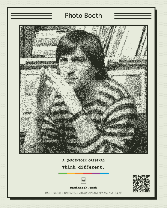 A young Steve Jobs poses with hands clasped in front of a bookshelf, recreated in a vintage halftone style as part of the "Photo Booth" feature for $MACINTOSH, featuring the tagline "Think different." and the website macintosh.cash alongside a QR code.