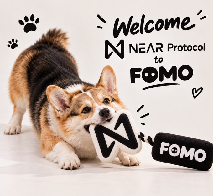 A promotional image featuring a corgi dog holding an NEAR Protocol logo, welcoming NEAR Protocol to 'FOMO' with playful paw prints and a small toy on the ground.