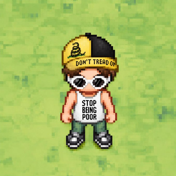 A pixel art character wearing a "DON'T TREAD ON" Gadsden flag hat and a "STOP BEING POOR" tank top stands on a green grass background, fitting the meme-style crypto giveaway vibe where the snarky slogan humorously aligns with dropping SOL addresses to win $15.